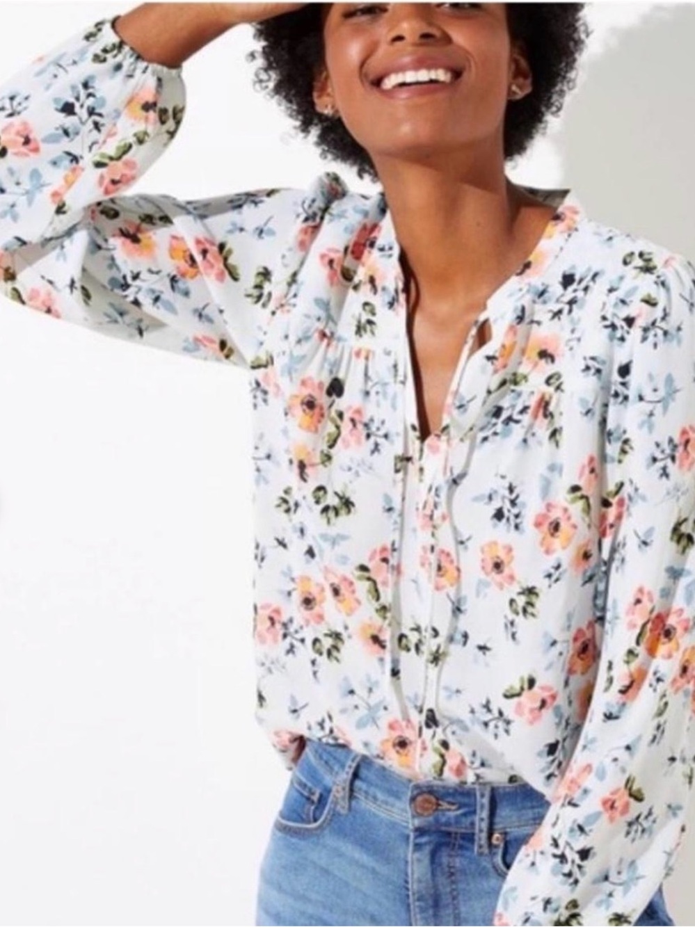 LOFT White Floral Peasant Blouse with Pink and Blue Accents